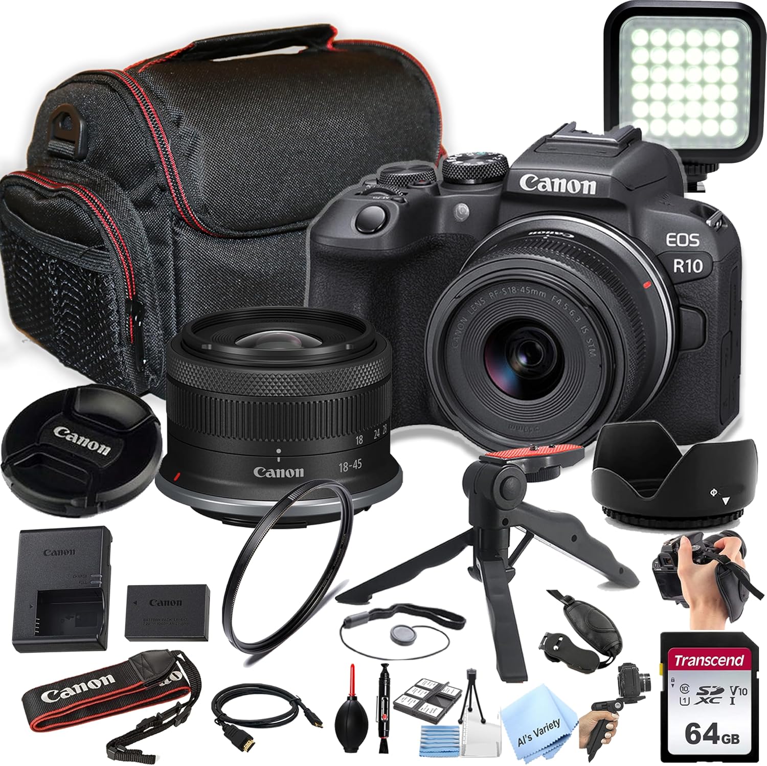 Canon EOS R10 24.2MP APS-C CMOS Sensor Mirrorless Camera with 18-45mm Lens + 64GB Memory, LED Video Light, Case, Gripster Tripod, and More (Essential Bundle) (Renewed)