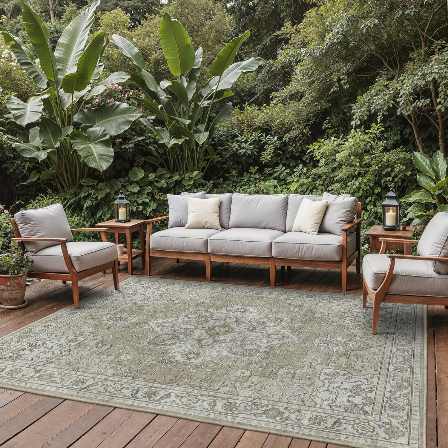 GENIMO Outdoor & Indoor Area Rug 8'x10', Waterproof, Non-Shedding, Easy Cleaning, Boho Mat for Patio, Living Room, Balcony, Dining Room, RV, Deck, Bedroom, Camping, Outside Carpet,Coffee Beige