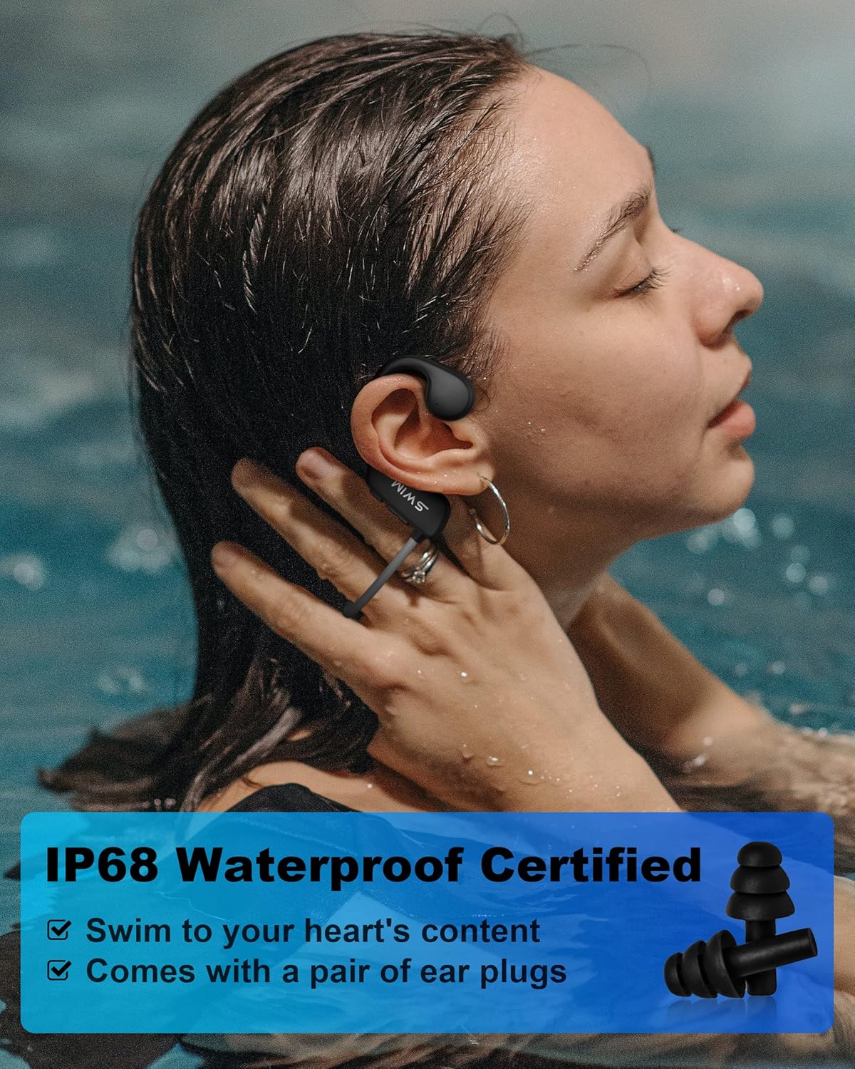 Woman swimming underwater wearing Smalody bone conduction headphones