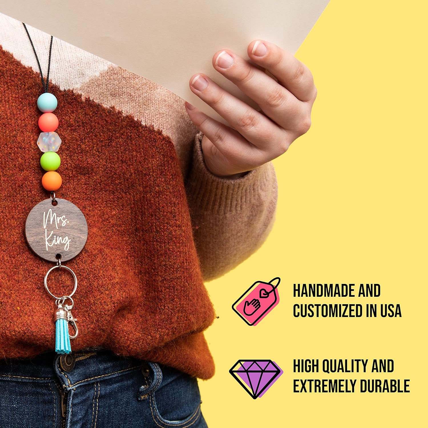 By the Graces Handmade Personalized Teacher Lanyard for Name Badges and Keys | Durable Beaded Lanyard with Breakaway Clasp | Scratch Resistant Custom Birch Wood Disc Name Tag | Cute Badge Holder
