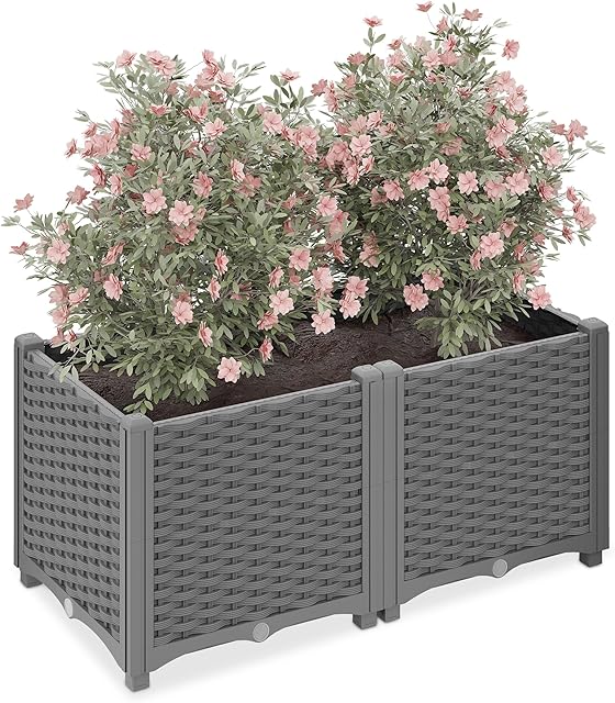 Relaxdays Relaxdays Pflanzkübel, Rattan-Optik, HBT: 38x80x40 cm, Garten, Balkon & Terrasse, Blumenkübel mit Wasserspeicher, grau  — Pflanzkübel