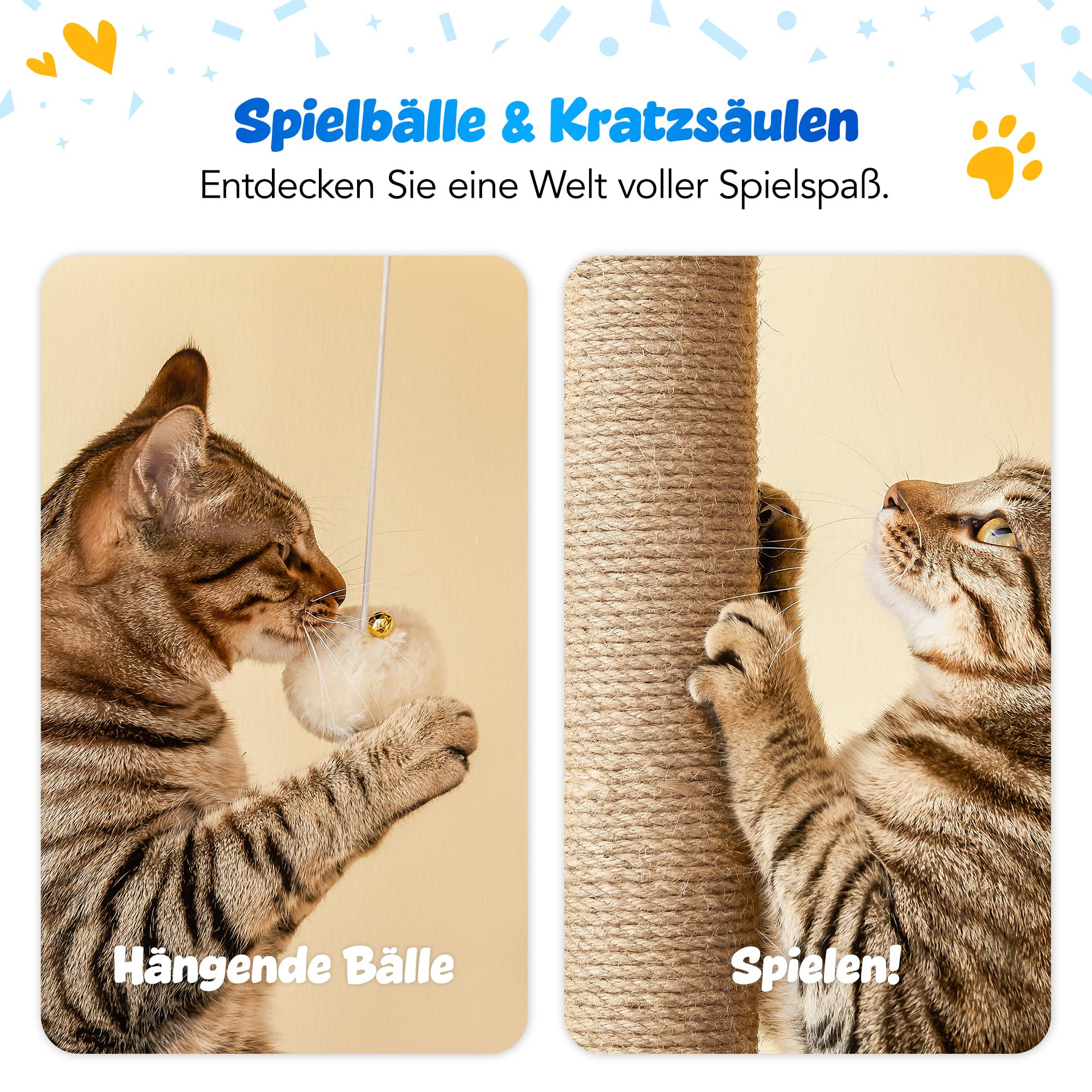Deckenhoher Katzenbaum 234-259 cm höhenverstellbar, 2-Säulen-Design mit 12 sisalumwickelten Pfosten, mehrstöckig mit weichen Liegeflächen, Hängematte, Plattformen & Spielball, Beige