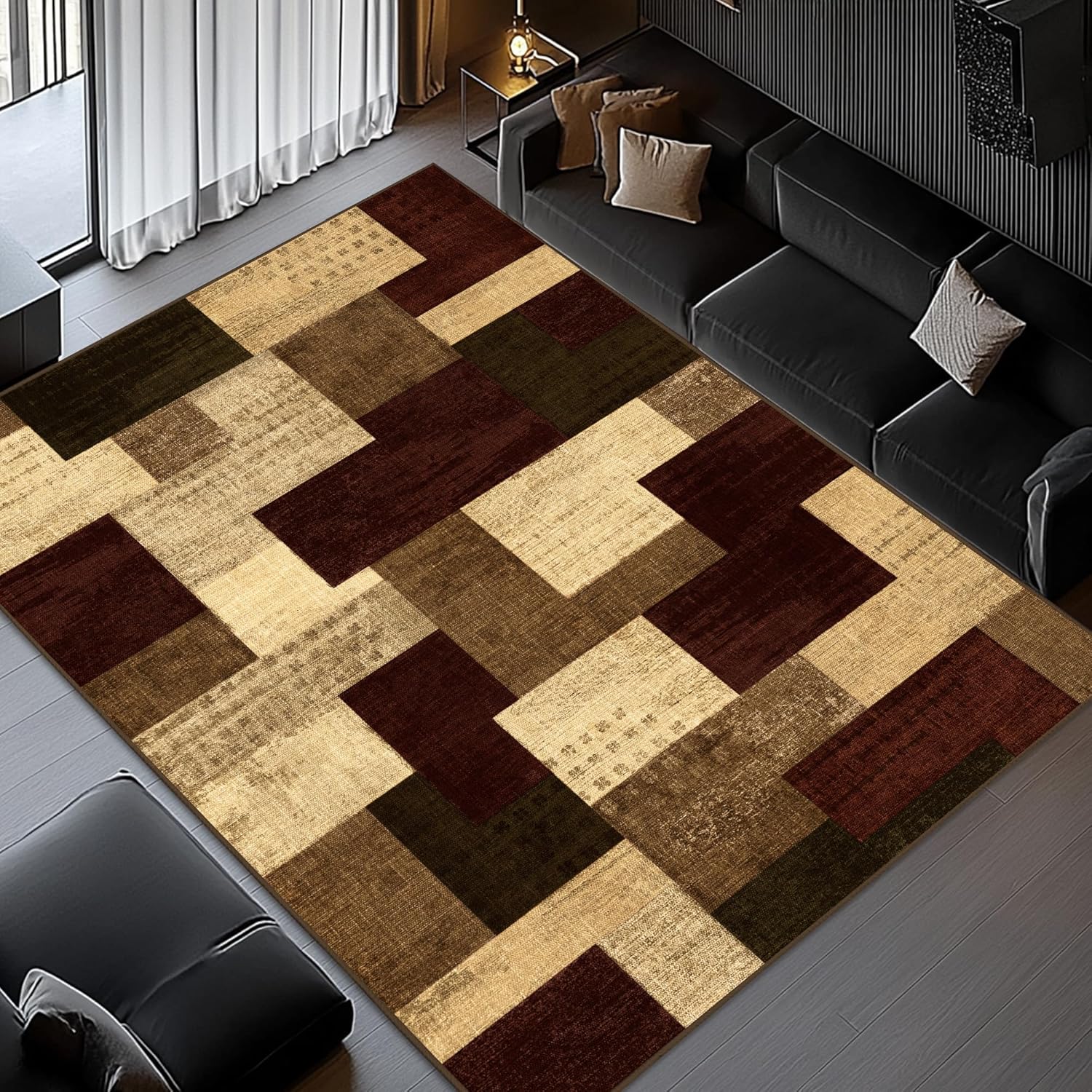 Modern Geometric Patchwork Indoor Area Rug for Living Room, Red 8x10 Large Rug Rockwood Collection Hardwood Floors Decor for Bedroom, Burgundy Throw Carpet for Office Entryway Dining Room 8 X 10 Feet Red