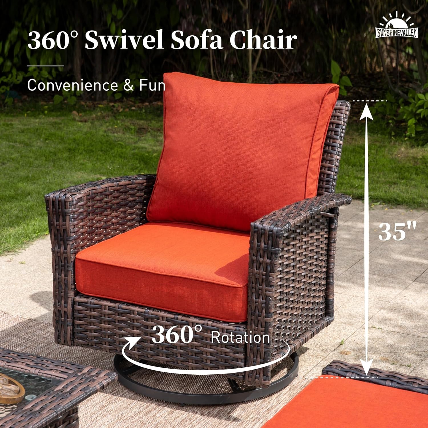 SUNSHINE VALLEY Patio Wicker Swivel Chairs Set of 2, Outdoor High Back Chairs with 5.5" Waterproof Cushions, Outdoor Furniture Set for Deck Porch and Yard, Red