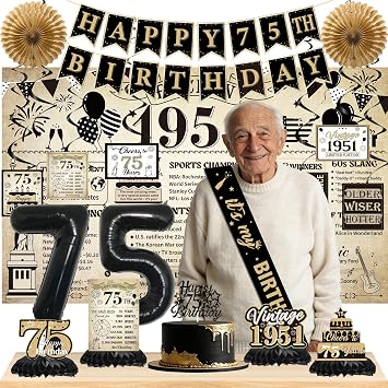 19PCS 75th Birthday Decorations for Men Women Vintage 1975 Party Decorations Banner Hanging Swirls, 75th Bday Backdrop Centerpieces Paper Fan Cake Topper, Balloon Sash, Cheers to 75 Years Party Set