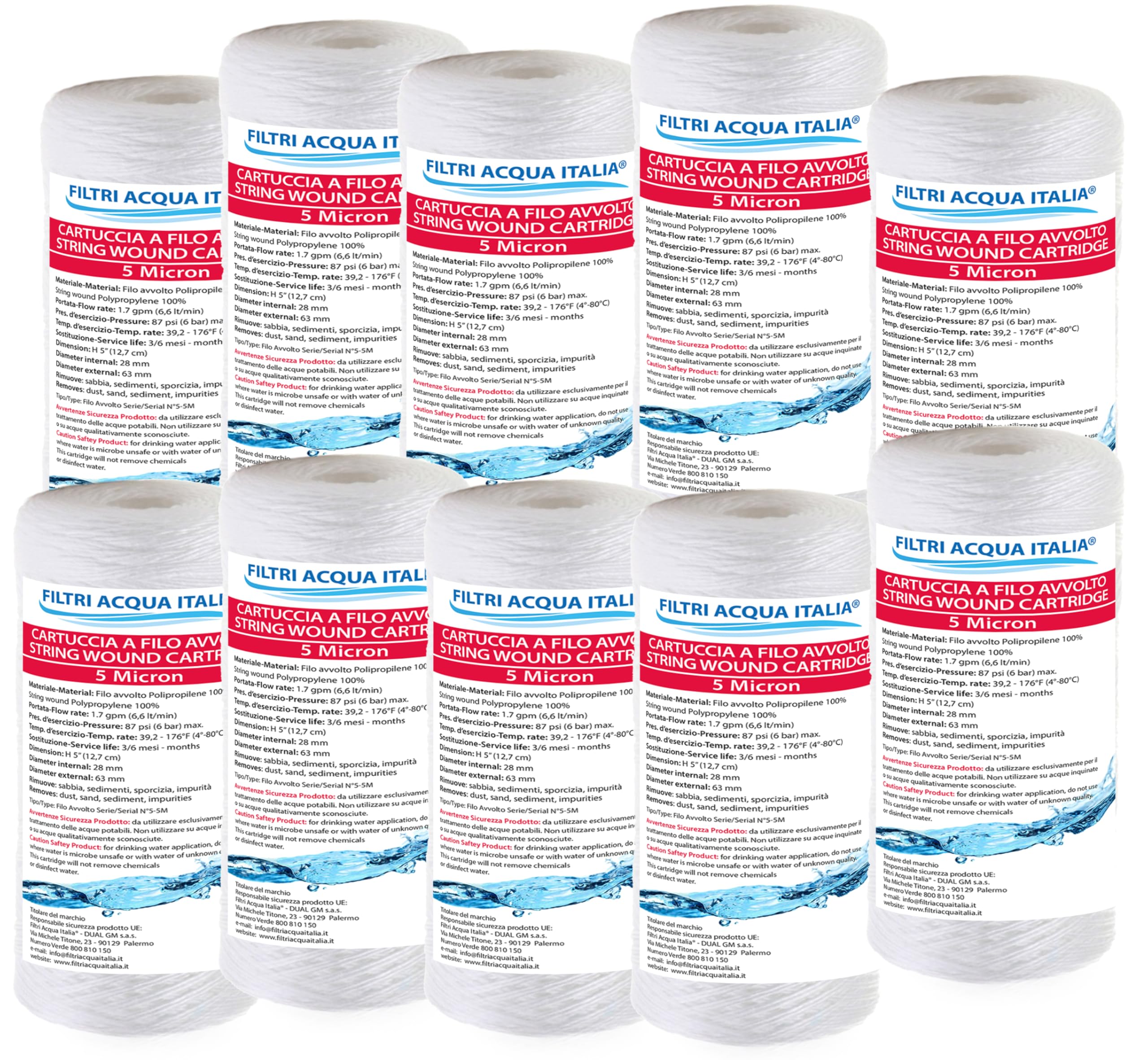 Filtri Acqua Italia Filtres à eau Italie Cartouche fil enroulé 5 pouces Micron 5, lot de 10 pièces
