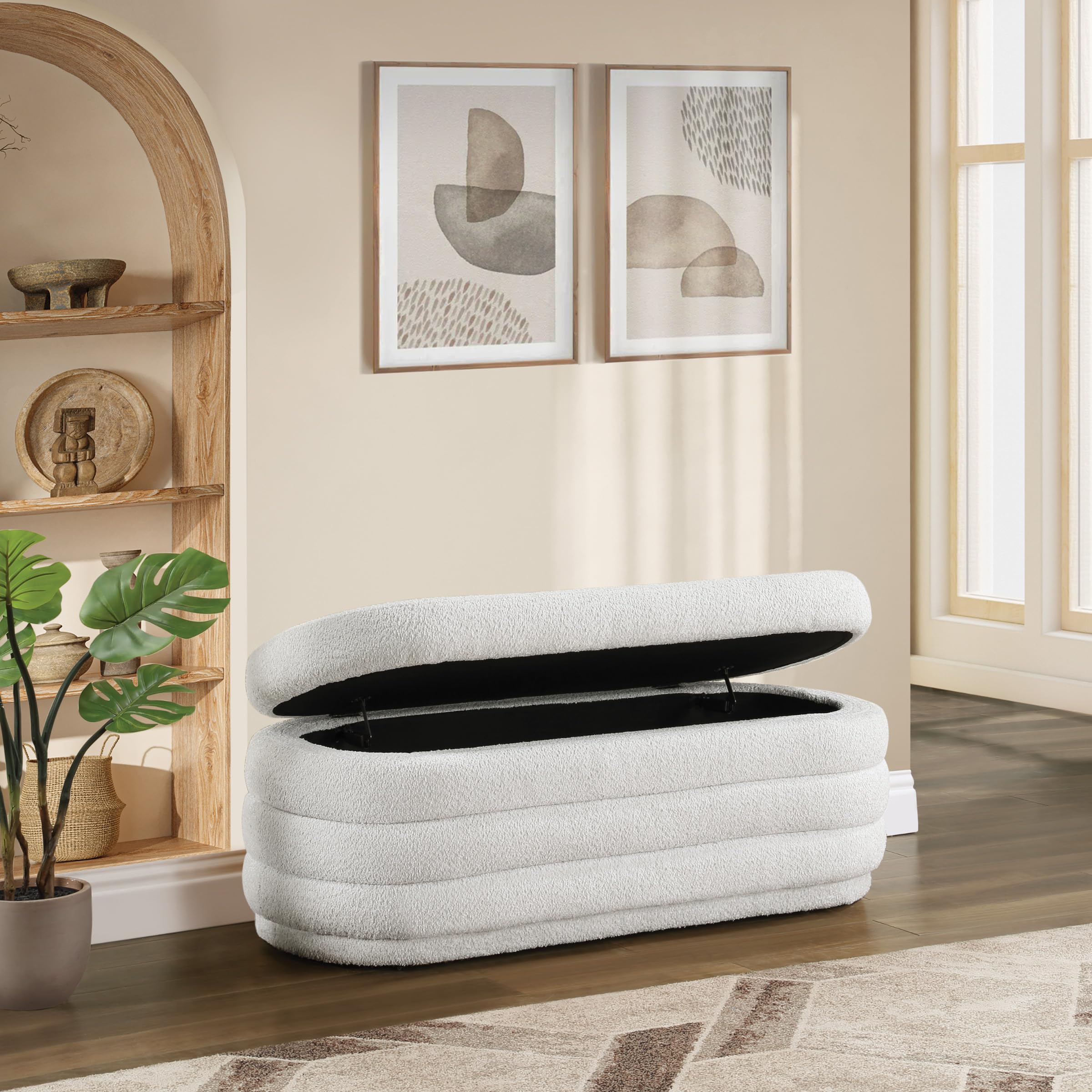 OSP Home Furnishings Cecil Channel Tufted Sherpa Storage Ottoman, Oval, Parchment