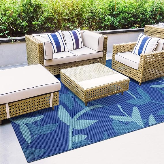 ICustomRug Outdoor Rug Mat Foliage Blue 8'X10' Reversible Picnic and