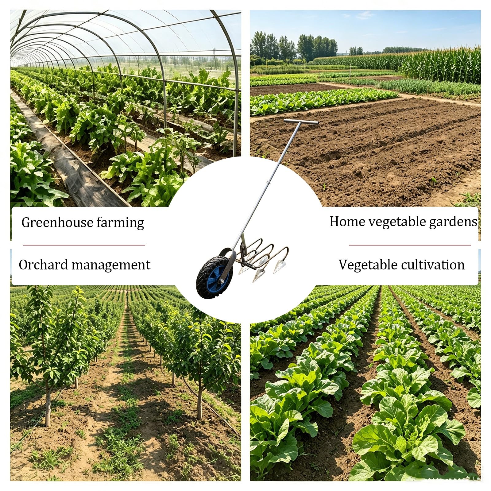Aratro manuale a spinta con ruote, fresa fissa in acciaio al manganese, attrezzo da giardino per la lavorazione del terreno, ideale per orti, serre e frutteti(5-tine)