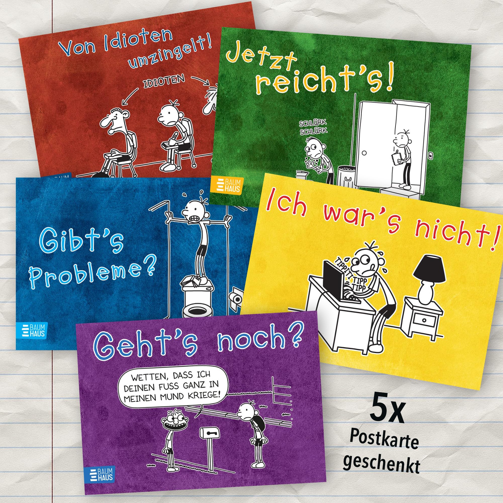 Jeff Kinney Bücherset – Gregs Tagebuch Band 1-5 – Von Idioten umzingelt, Gibt’s Probleme?, Jetzt reicht’s!, Ich war’s nicht! und Geht’s noch? – Kinderbuch Bestseller mit je einer exklusiven Postkarte