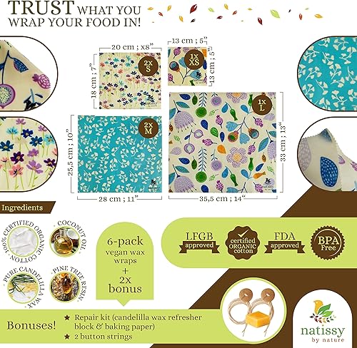 Miniatura 2 de VEGAN - Juego de 6 envolturas de cera de abeja reutilizables para alimentos, juego de 6 envolturas de cera orgánica reutilizables para alimentos,