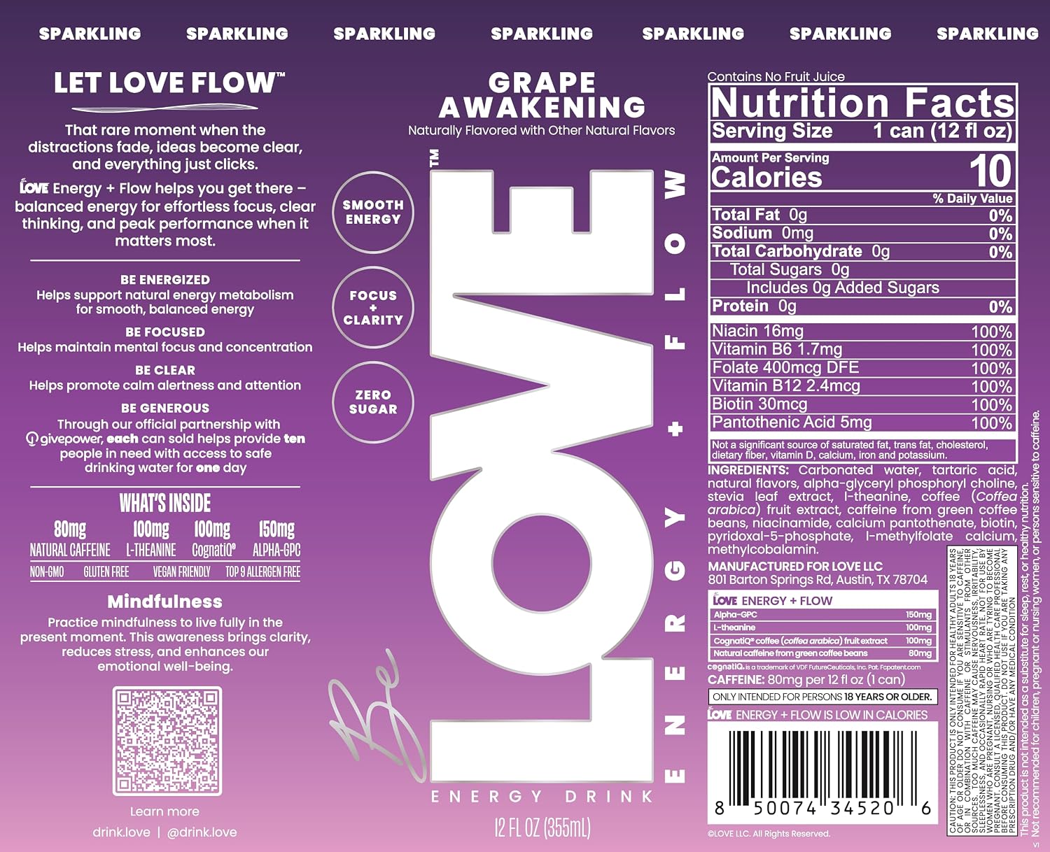 Be LOVE Nootropic Energy Drink – 80mg Natural Caffeine, L-Theanine & Alpha-GPC for Clean Calm Focus – Zero Sugar, Low Calorie, 100% DV B-Vitamins – Non-GMO, Vegan – 12 fl oz (Pack of 12) (Grape Awakening)
