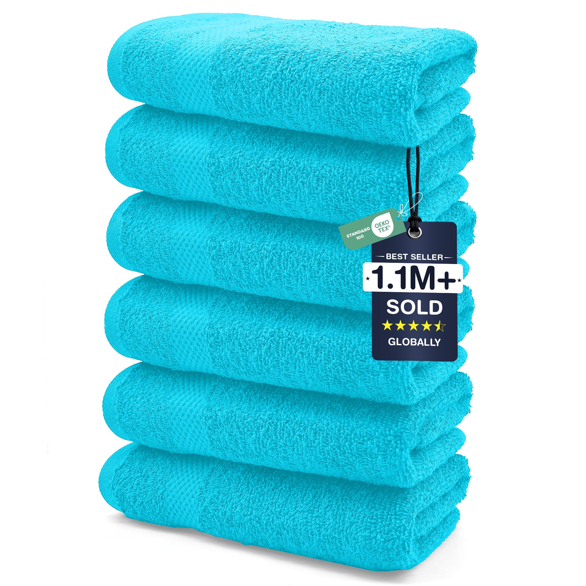 DAN RIVER 6-Pack Premium Hand Towels (16x28 Inches) - 100% Cotton, Ultra Soft, Lightweight, Highly Absorbent Towels for Bathroom, Spa, Gym, Salon, Hotel, and Travel - Turquoise