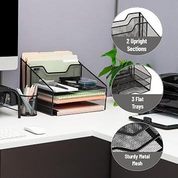 Mind Reader Metal Mesh Desktop File Organizer, 3-Tier Paper Tray with 5 Compartments, Office Mail Sorter, Black