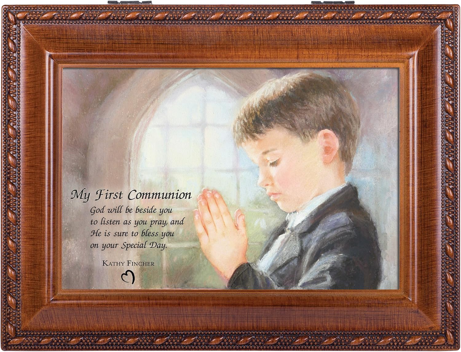 Cottage Garden My First Communion Boy Wood Grain Music Box Plays Handel Hallelujah image 2