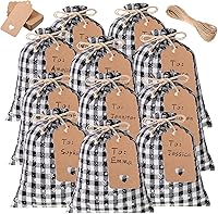Vista 10 de Shappy 24 bolsas de Navidad con cordón, bolsas de arpillera a cuadros de Navidad, bolsas de lino con cuerda de 32.8 pies, 24 tarjetas