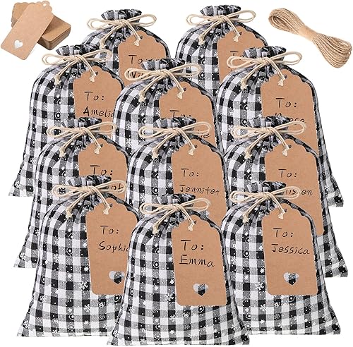 Miniatura 10 de Shappy 24 bolsas de Navidad con cordón, bolsas de arpillera a cuadros de Navidad, bolsas de lino con cuerda de 32.8 pies, 24 tarjetas