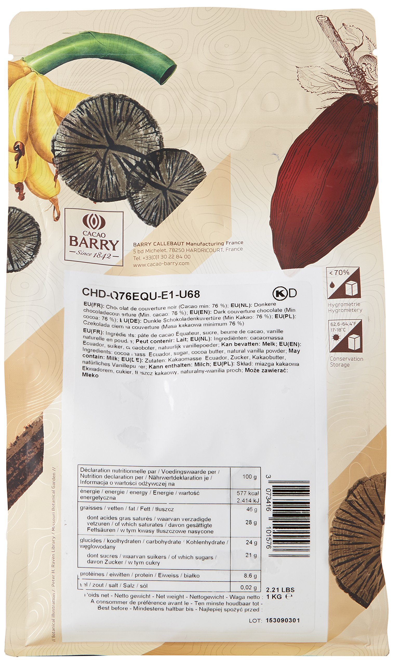 CACAO BARRY 76% Min Cacao Chocolat Equateur Pistoles 1 kg