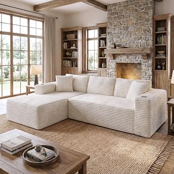 Shintenchi 103" Boneless Couches for Living Room with 2 Cup Holders,L Shaped Modular Sectional Sofa Set,No Assembly Needed Plush Corduroy Living Room Set,Beige