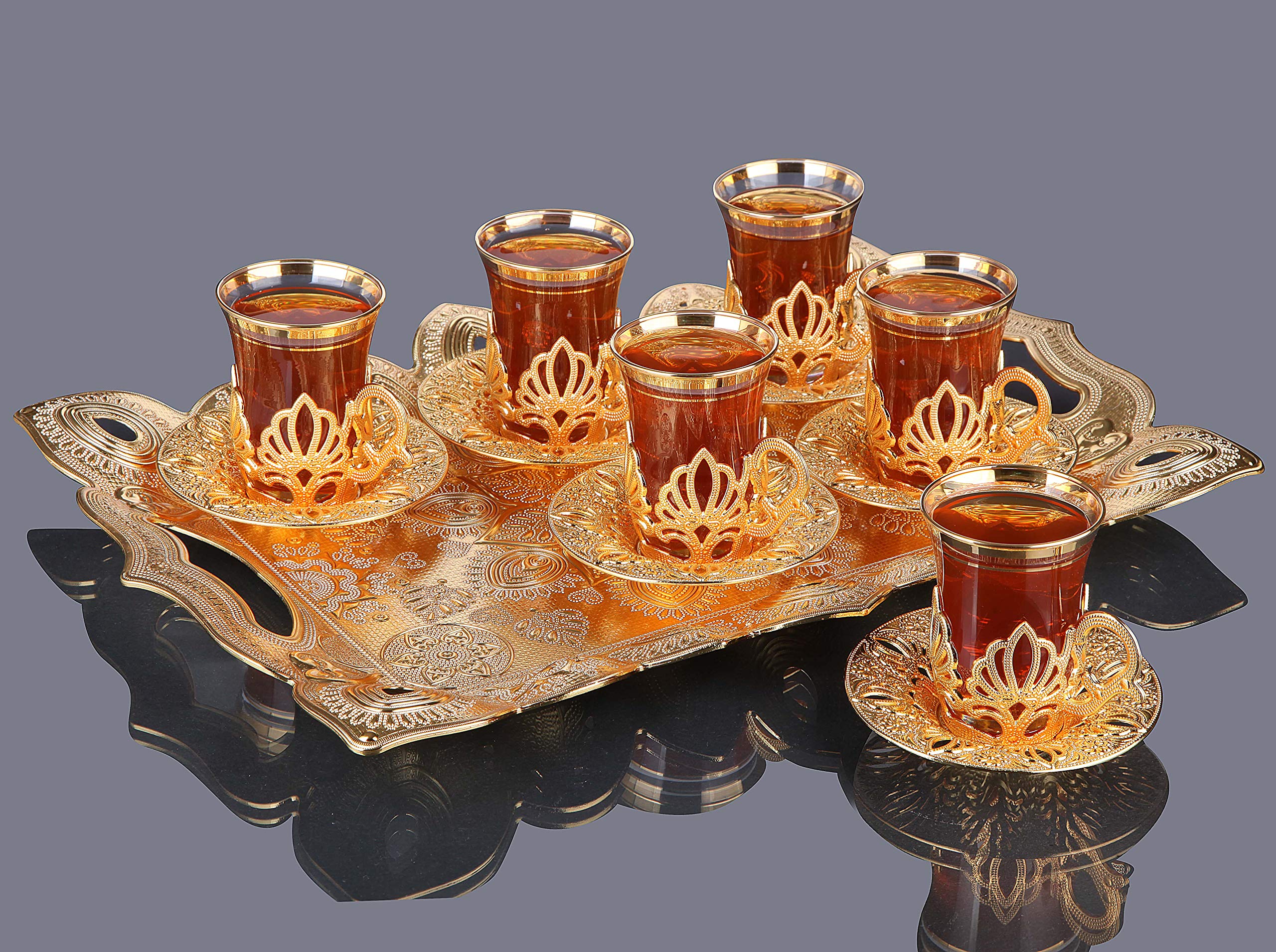 LaModaHome Turkish Arabic Tea Glasses Set of 6 with Saucers and Holders with Serving Tray- Fancy Vintage Gold Handmade Set for Serving, Gift, Teatime