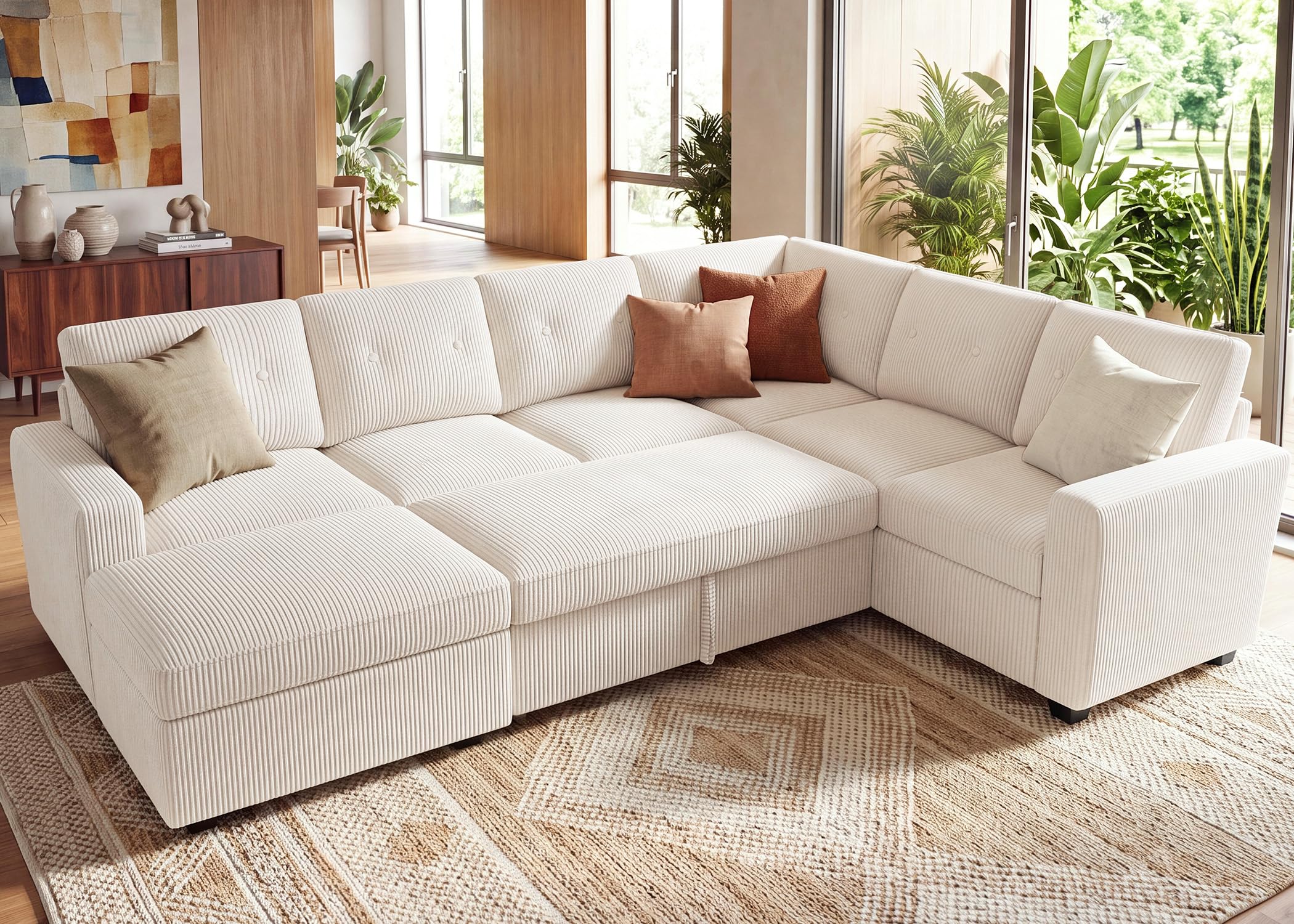 HONBAY 106 inch Beige Corduroy Sleeper Sectional