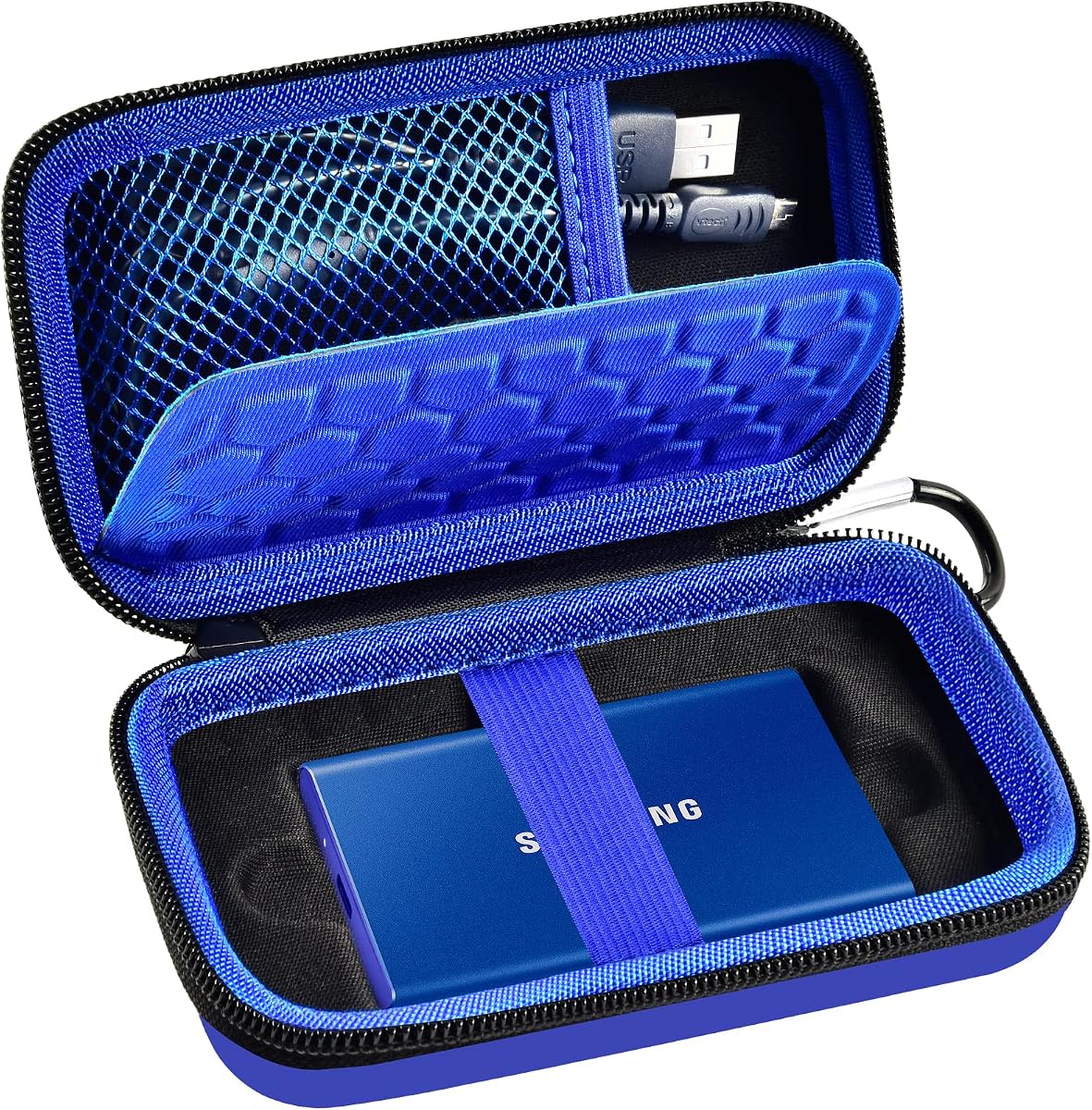 PAIYULE Hard Case for Samsung T7/T7 Touch SSD 500GB-2TB Blue | Hard EVA Case with Fitted SSD slot, Cable Pocket and Carabiner for travel,Fits for USB Cables,Case Only