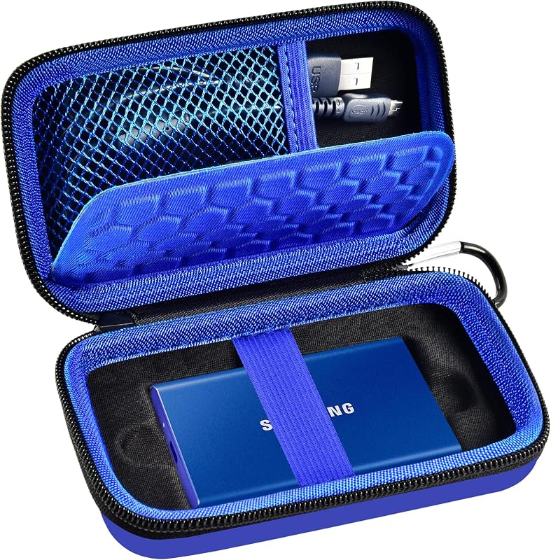 PAIYULE Hard Case for Samsung T7/T7 Touch SSD 500GB-2TB Blue | Hard EVA Case with Fitted SSD slot, Cable Pocket and Carabiner for travel,Fits for USB Cables,Case Only