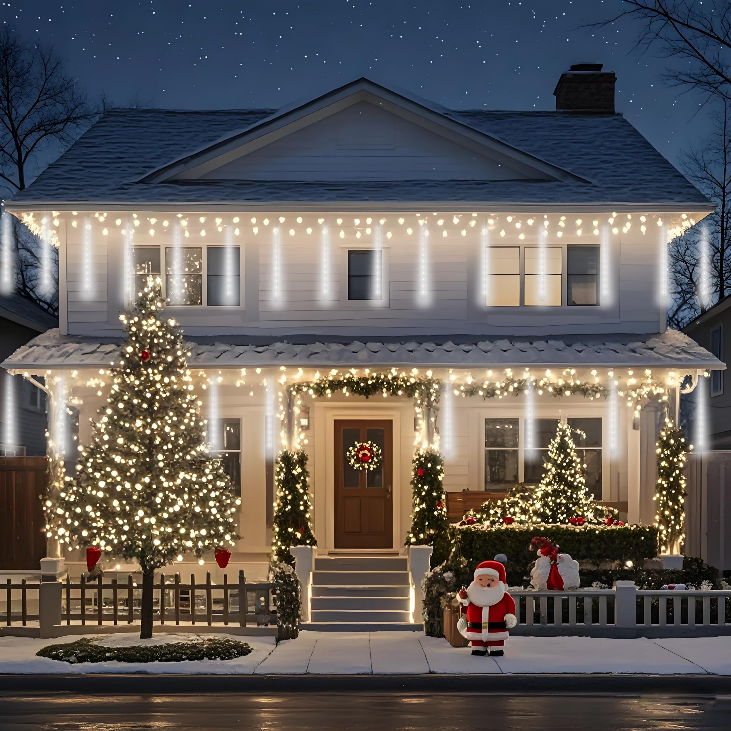 Aukora - Luces blancas de Navidad para exteriores, enchufe UL, 24 tubos 576 LED, luz de lluvia de meteoros, carámbano en tandemable, luz de lluvia para árbol de Navidad, Halloween, decoraciones de