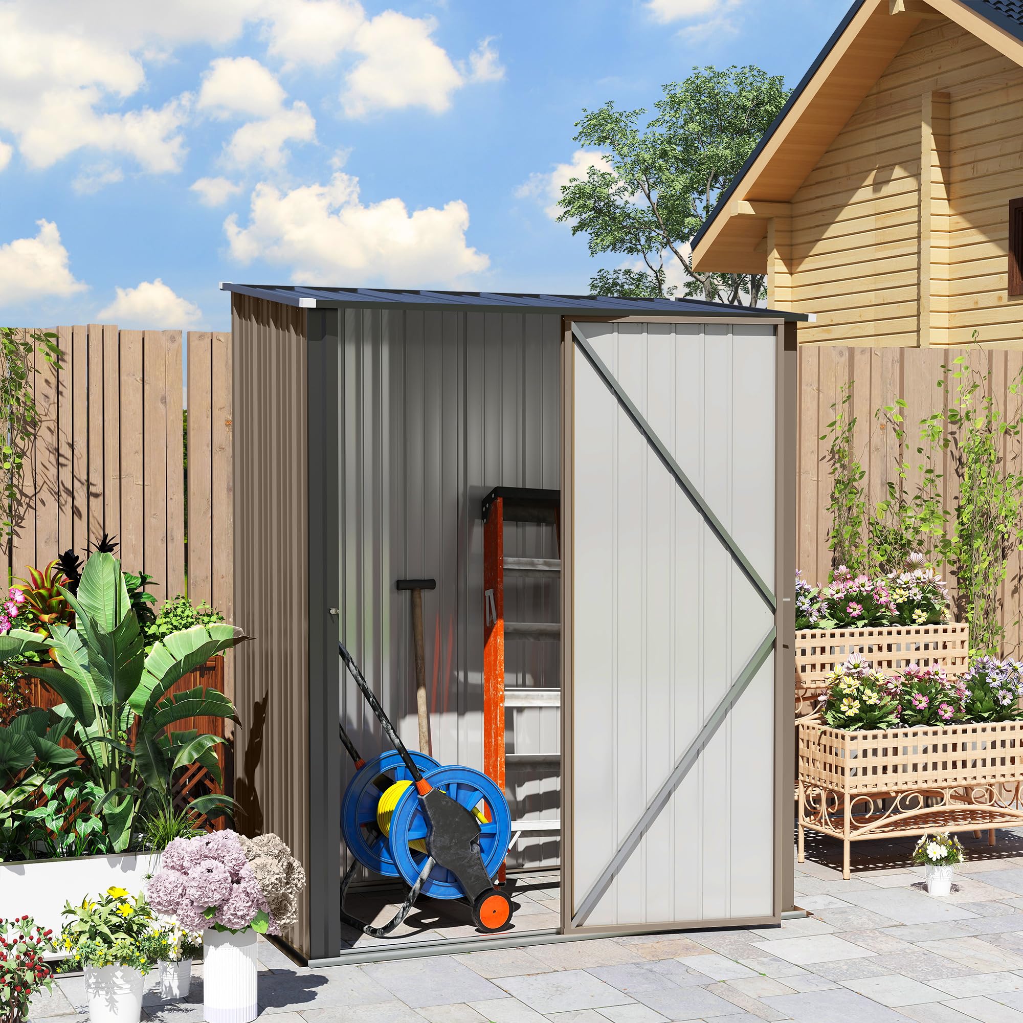 Outsunny Cobertizo de Jardín Exterior 1,34 m² 161,5x94,5x196 cm Caseta de Jardín Exterior Metálica con 1 Puerta y Cerradura para Almacenamiento de Herramientas para Patio Terraza Marrón