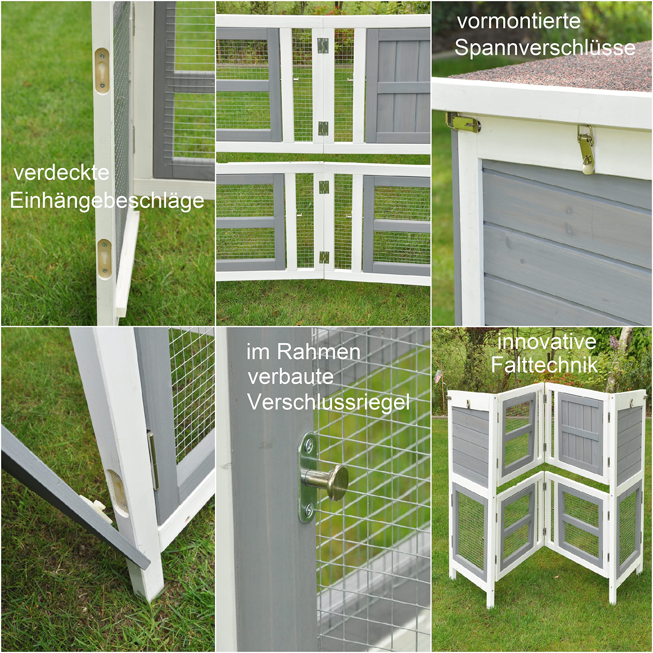 nanook Kleintierstall Hasenstall Kaninchenstall Linus einfache Montage – faltbar– mobil - einfaches Klicksystem 120 x 50 x 104 cm - grau weiß