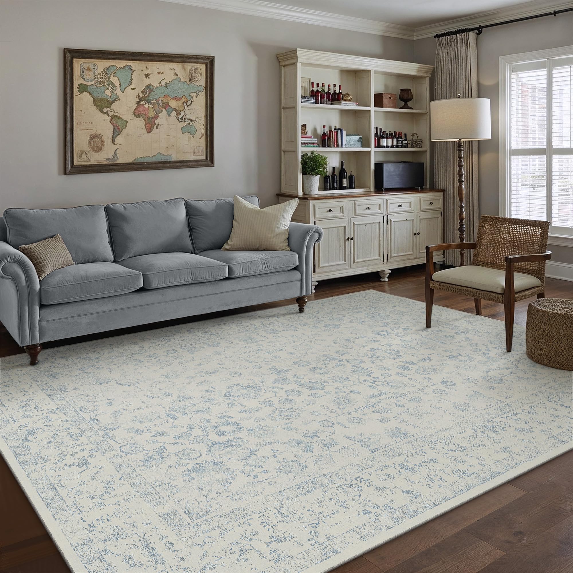 PureCozy 6x9 Blue Area Rug Non Slip Vintage Living Room Distressed Machine Washable Carpet Traditional Indoor Bedroom Blue Retro Floral Accent Throw Rug for Office Kitchen Dorm Dining Room