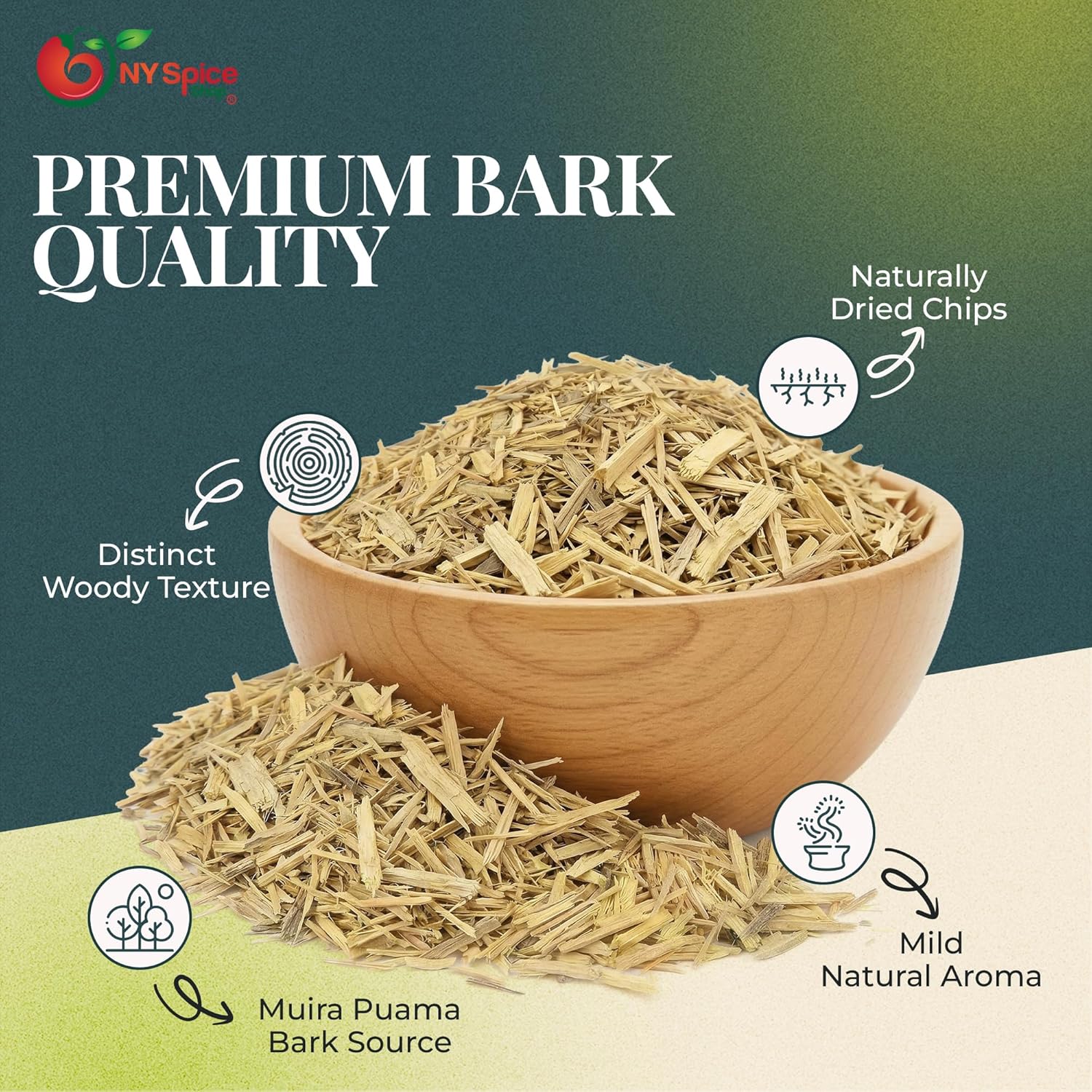 NY Spice Shop Muira Puama Chips - Natural Dried Muira Puama Bark Herb (Amazonian Tree) - Potency Wood for Energy Drinks, Smoothies, Ice Cream, Yogurt and Baked Goods (1 Pound)