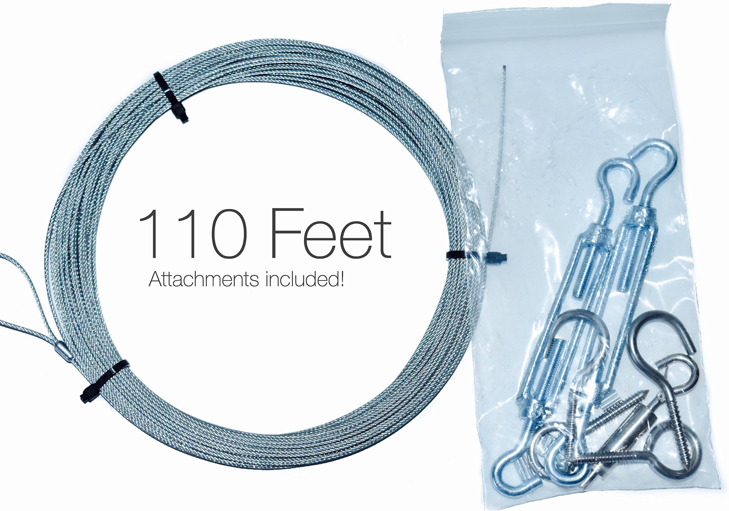 Preynos Globe String Light Suspension Kit, Galvanized Steel Cable, 110 ft, with Screw Eyes, Turnbuckle, and Hook, Attachments Included!