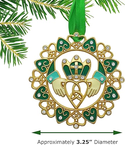 Miniatura 8 de Adorno de Navidad irlandés, juego de 3, diseños de Claddagh dorados con joyas y esmalte, caja de regalo con poema irlandés, bolsa de