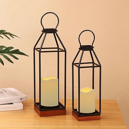 Miniatura 3 de Perfnique Farol de metal negro con madera de pino, 2 faroles decorativos con temporizador de 6 horas, velas parpadeantes sin llama, portavelas de