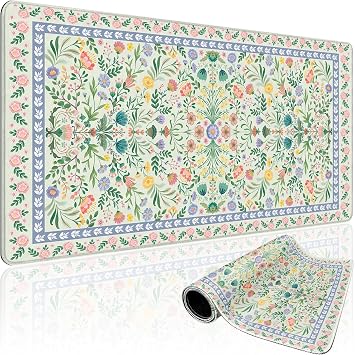 Green Floral Desk Mat, 31.5"x15.7" Large Mouse Pad, Anti-Slip Rubber Base Keyboard Pad with Stitched Edges, Water-Resistant Smooth Desk Blotter, Computer Mat for Home Office Desk