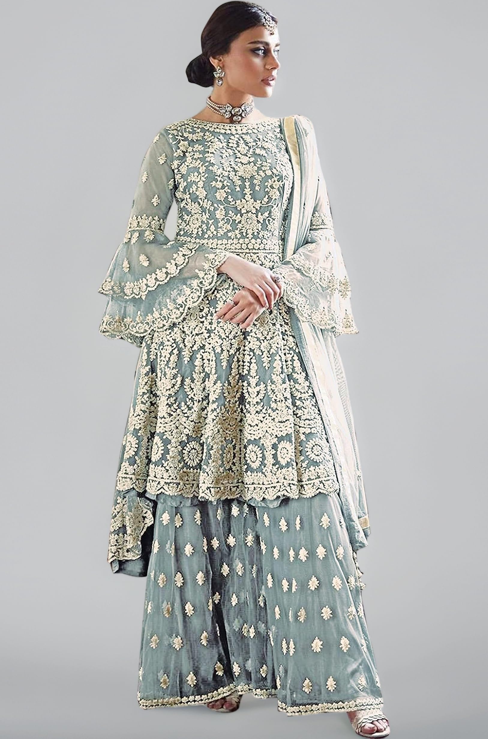 Miss Ethnik Women's Beige Net Semi Stitched Top With Stitched Net Bottom and Net Dupatta Embroidered Flared Top Dress Material (Kurta Palazzo Set) (D-1027)_Free Size