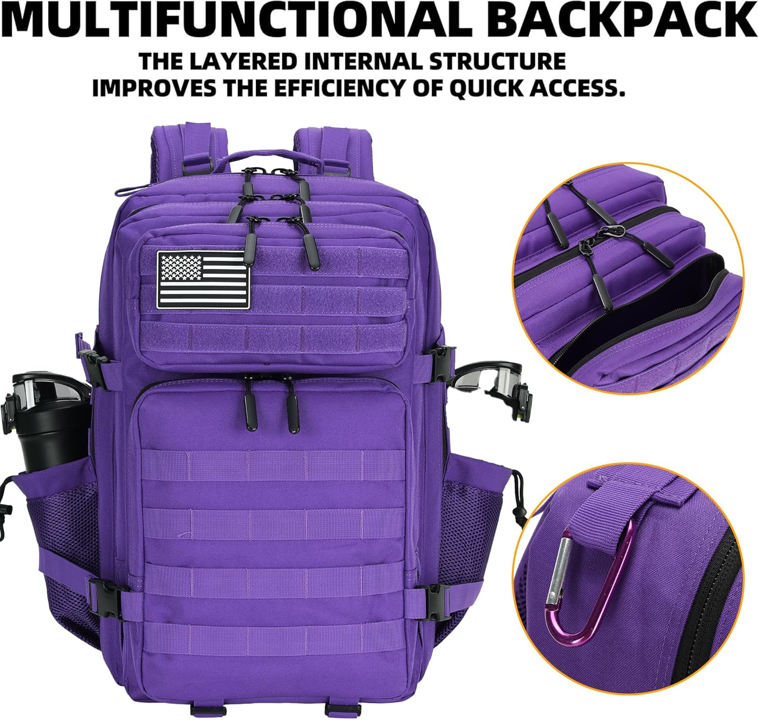 45L Tactical Assault Backpack 3 day assault pack with Molle Waterproof backpack Rucksack for Tactical Backpacks (Purple) - Image 4