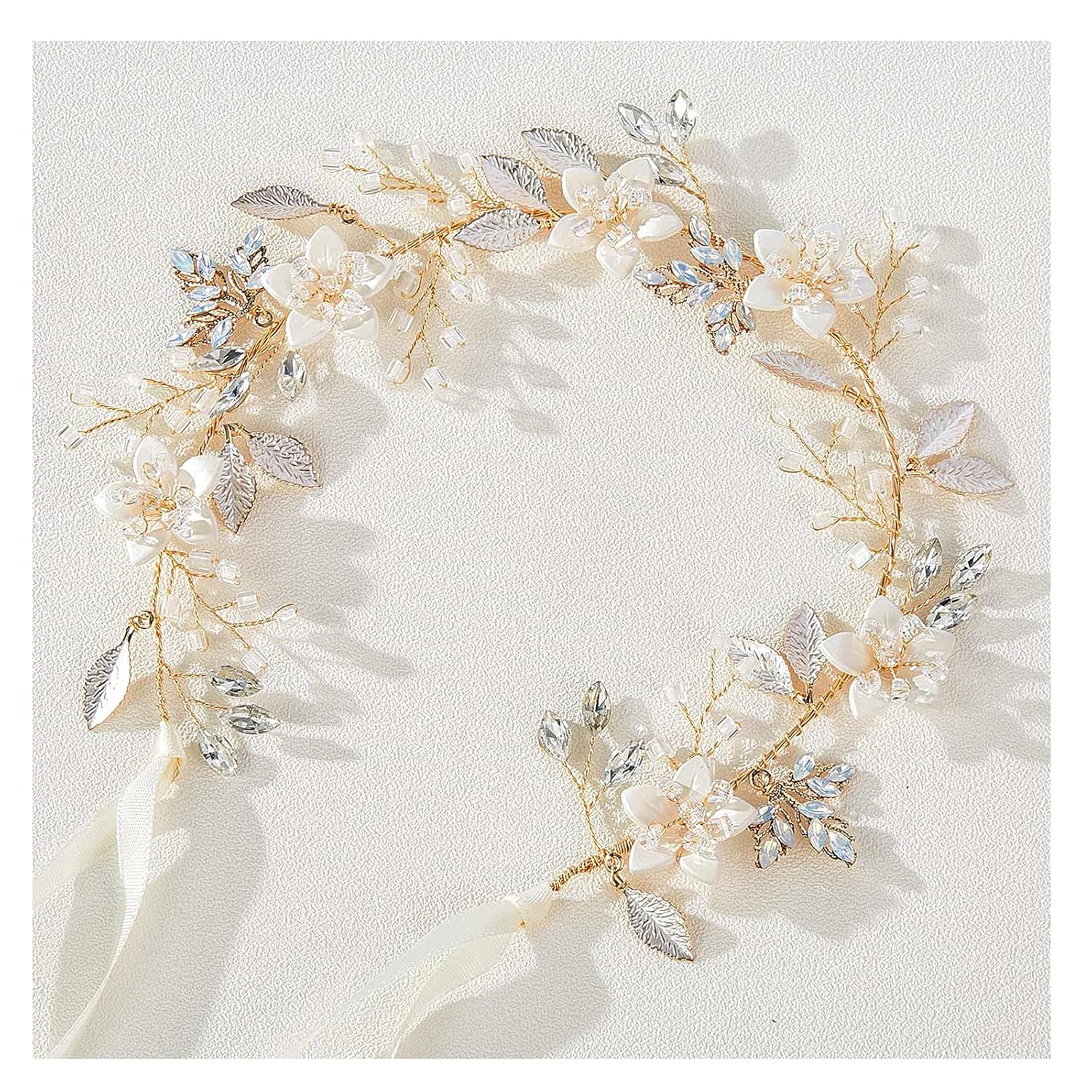 SWEETV Handmade Bridal Headband Flower Wedding Hair Accessories for Brides Hair Pieces Gold Flower Girl Headpieces - Image 4