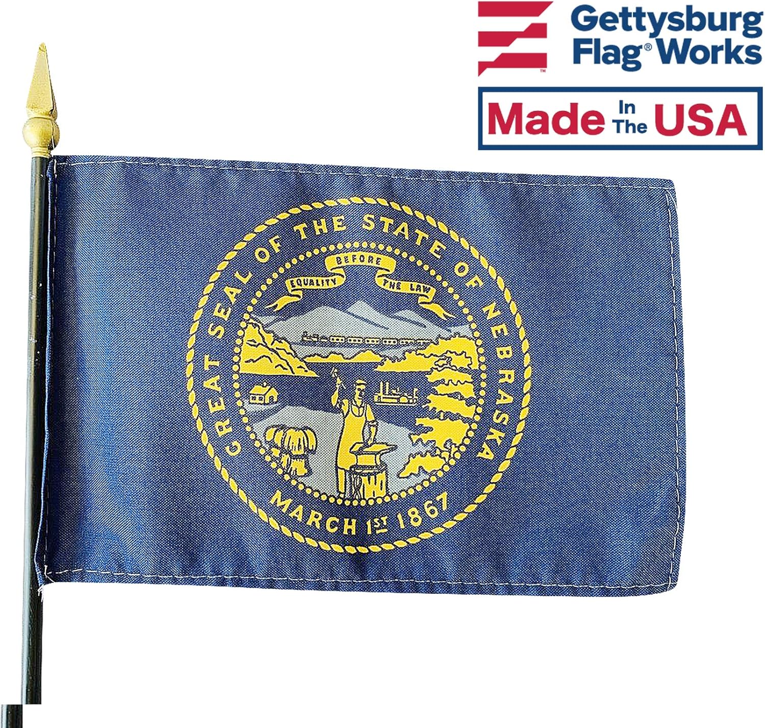 4x6" E-Gloss Nebraska Stick Flag w/U.S. Stick Flag & 2 Flag Plastic Table Base - Qty 3