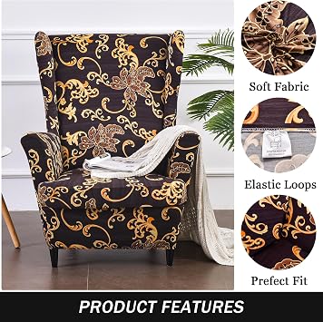 Wing Chair Slipcovers, 2 Pieces Print Wingback Chair Cover Stretch Spandex Armchair Slipcovers for Living Room Bedroom (Brown), TB00628