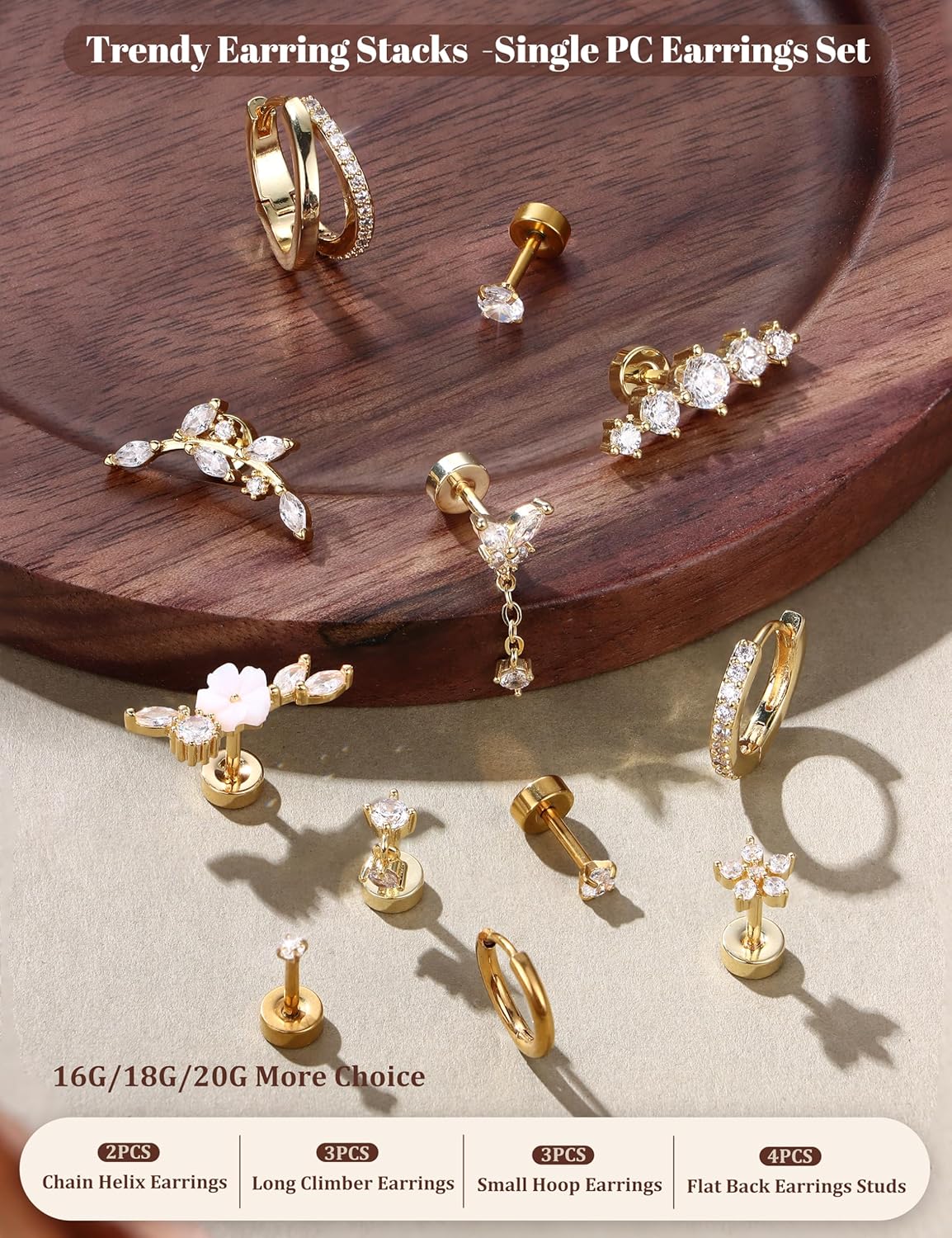 LOLIAS Hypoallergenic Cartilage Earrings for Women Flat Back-16G 18G 20G Cartilage Earring Stacks-Surgical Steel Earrings for Sensitive Ears-316L Stainless Steel Flatback Studs Hoop Earring Sets for Multiple Tragus Conch Daith Helix Piercing Jewelry Single PC - Image 6