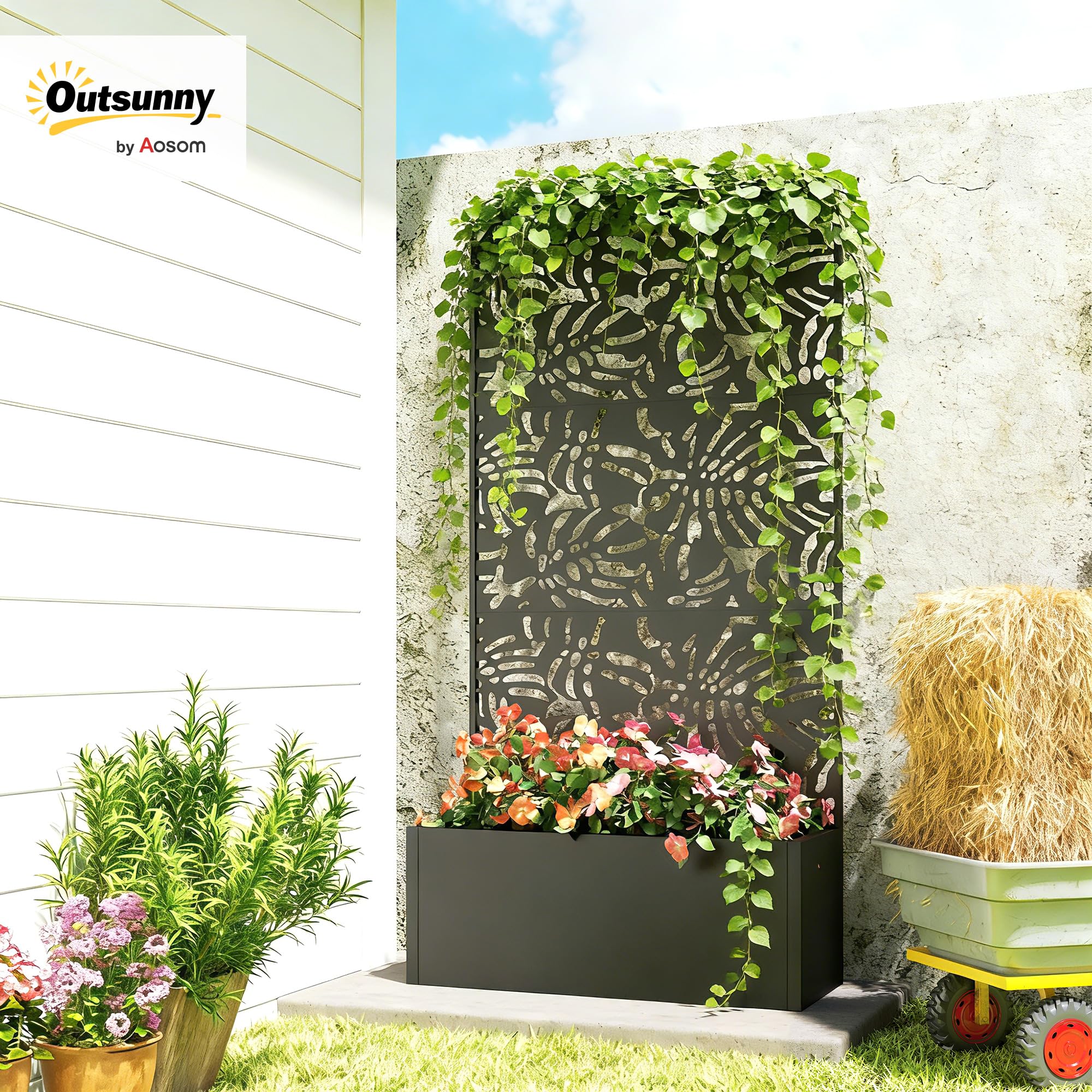 Outsunny Jardinière avec Treillis, Bac à Fleurs 90 x 35 x 180 cm Noir