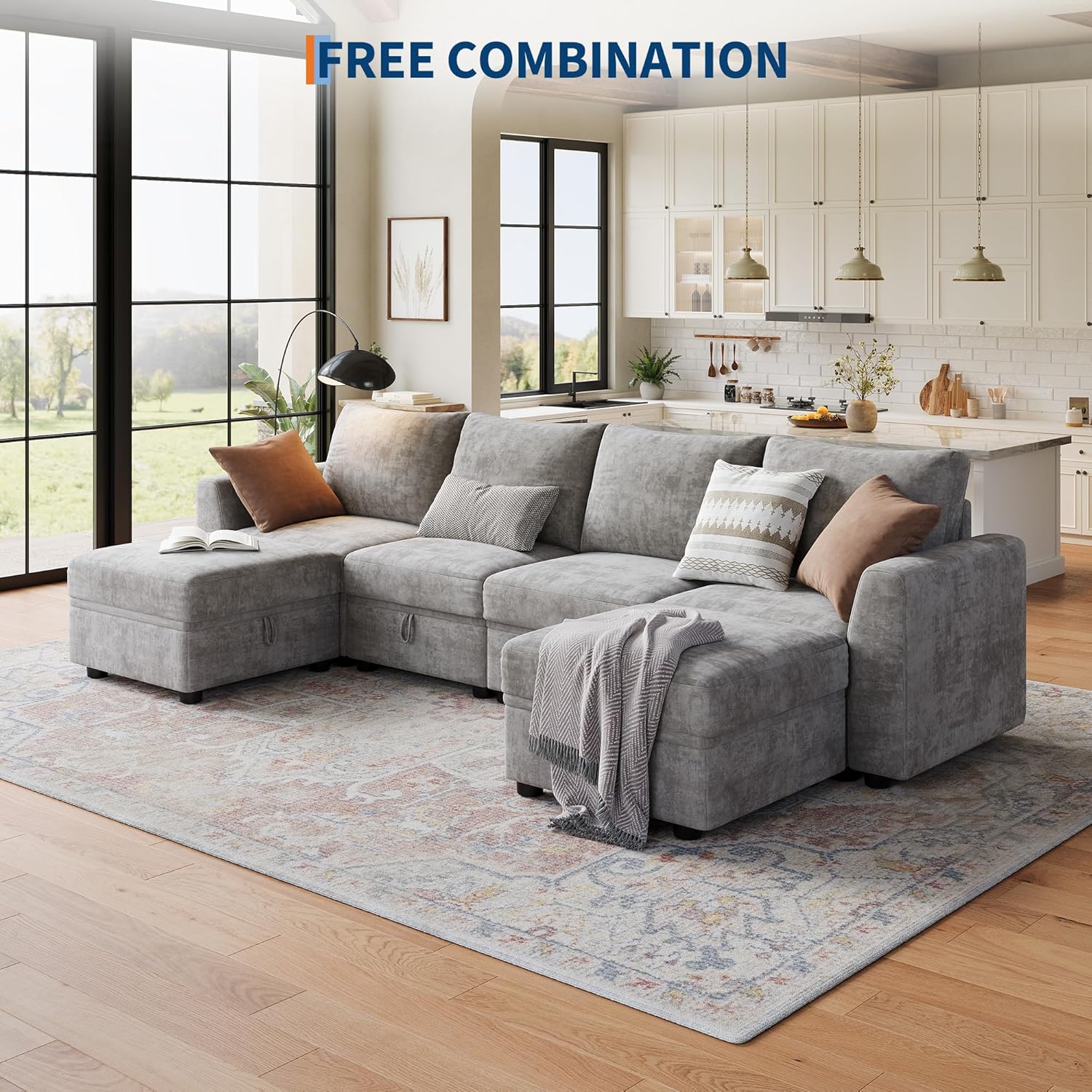 GarveeHome Sectional Couches for Living Room, Cloud Couch Sectional with Large Storage, l-Shape Modular Sectional Sofa with Ottoman (Gray 6-Seater)