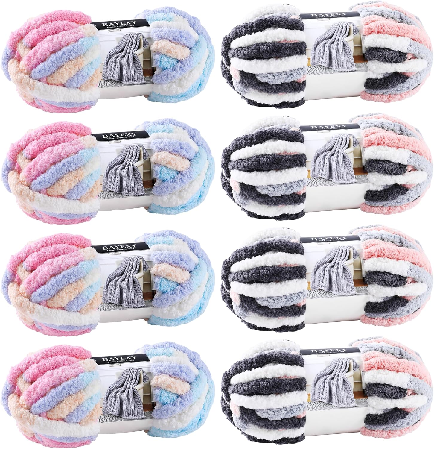 Chunky Chenille Yarn for Hand Knitting 8 Jumbo Pack Jumbo Chunky Yarn for Hand Soft Blanket Knitting, Bulky Thick Fluffy Yarn for Crocheting (Marshmallow Color+Kitten Color)