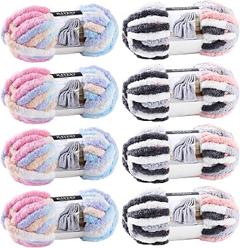 Chunky Chenille Yarn for Hand Knitting 8 Jumbo Pack Jumbo Chunky Yarn for Hand Soft Blanket Knitting, Bulky Thick Fluffy Yarn for Crocheting Marshmallow Color+Kitten Color
