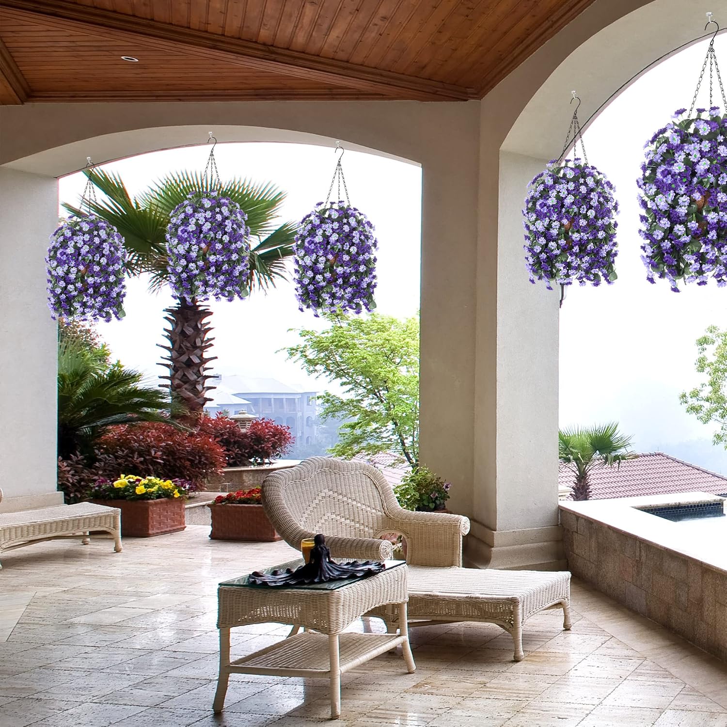 Artificial Flowers in Hanging Basket for Outdoors Spring Decor, Fake Mums Flowers Faux Plants with Basket for Indoors Home Porch Garden Yard Patio Decoration (Deep Purple) - Image 5