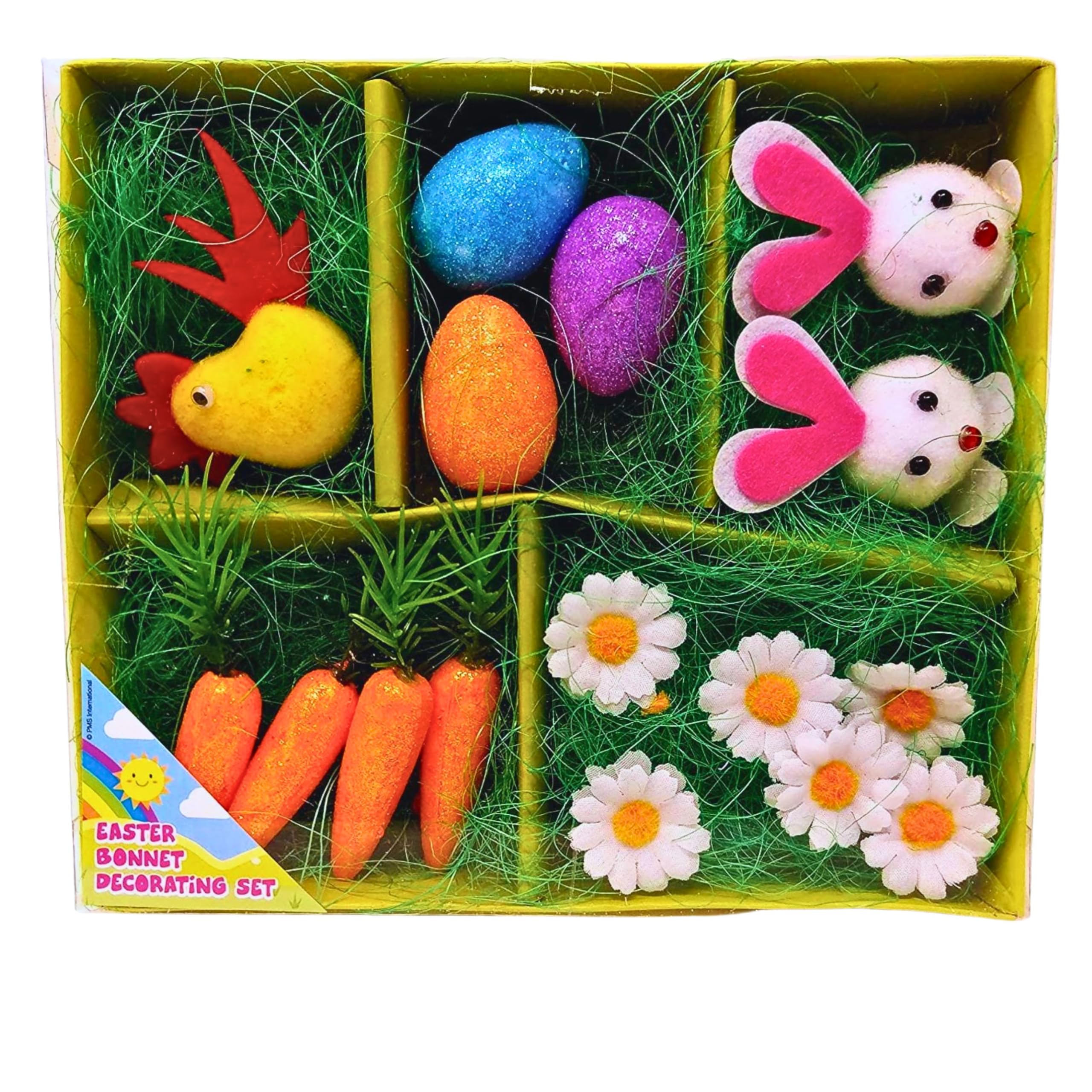 Easter Decorations | Easter Crafts | Easter Chicks | Easter Bunny | Easter Crafts | Easter Bonnet Decorations | Glitter Eggs, Daisy, Grass, Carrots - 17 Piece Kids Easter Bonnet Kit