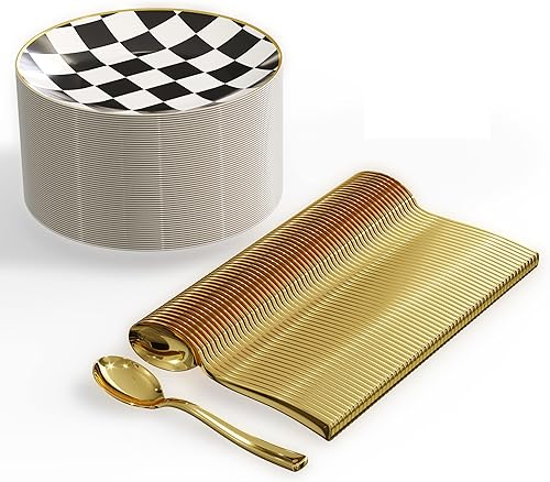 Miniatura 9 de Trendables Platos de postre desechables negros de 120 quilates con cucharas de plástico doradas (sirve para 60 personas) Platos de plástico negros