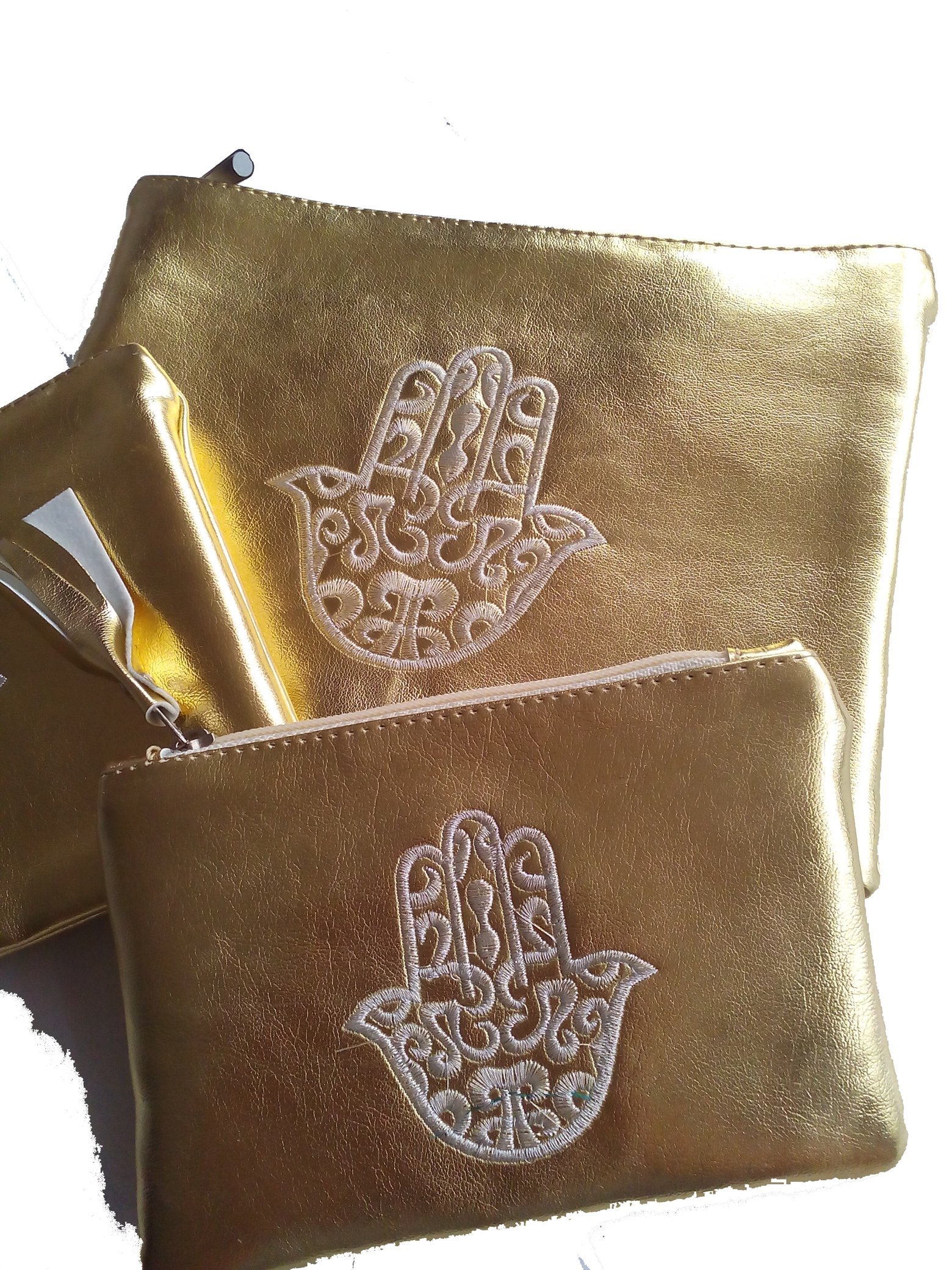 * Triple Set of Ladies Genuine Soft Faux Leather Purse/Wallet - Metallic Gold colour with 'Hand of Fatima' embroidery design with zip * - Made in Morocco